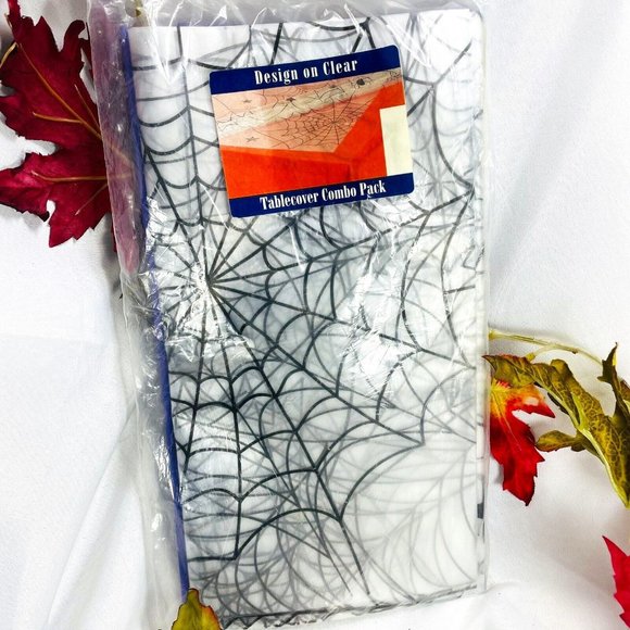 2 Halloween Tablecloths Clear Spider Web & Purple Solid 54"x108" Vintage New - Picture 1 of 6